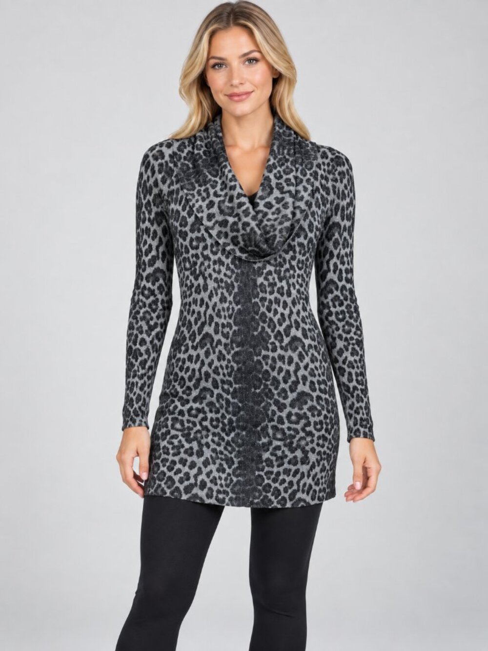 2/$30 Cache XS Gray Leopard Print Cowl Neck Long Sleeve Tunic Sweater